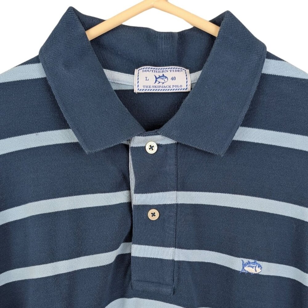 Southern Tide Skipjack Polo Shirt L Blue Navy Stripe Preppy Golf Casual